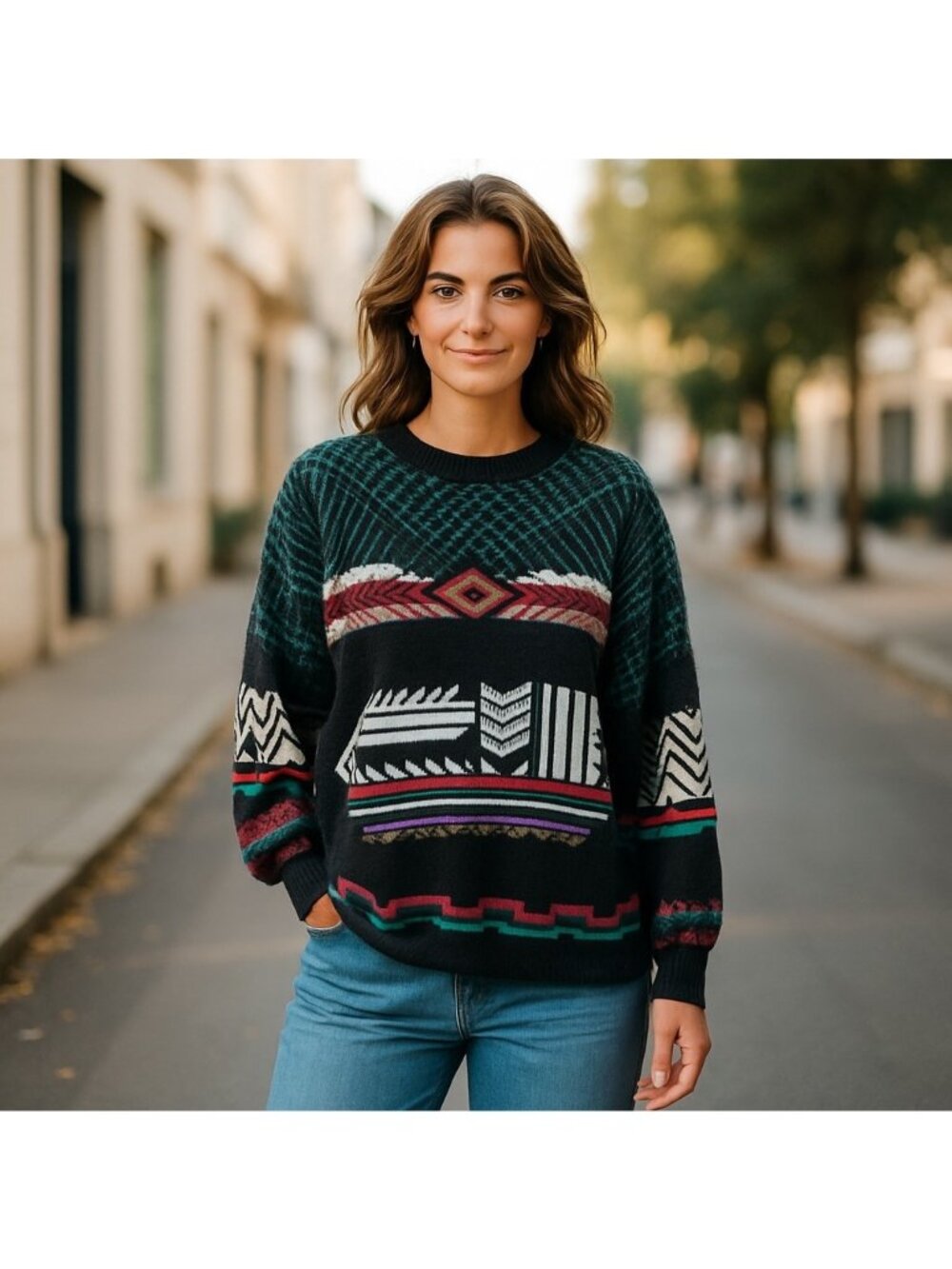 VNTG '90s Maggie Lawrence Collection Sweater Womens SZ 7 Aztec Print Made In USA